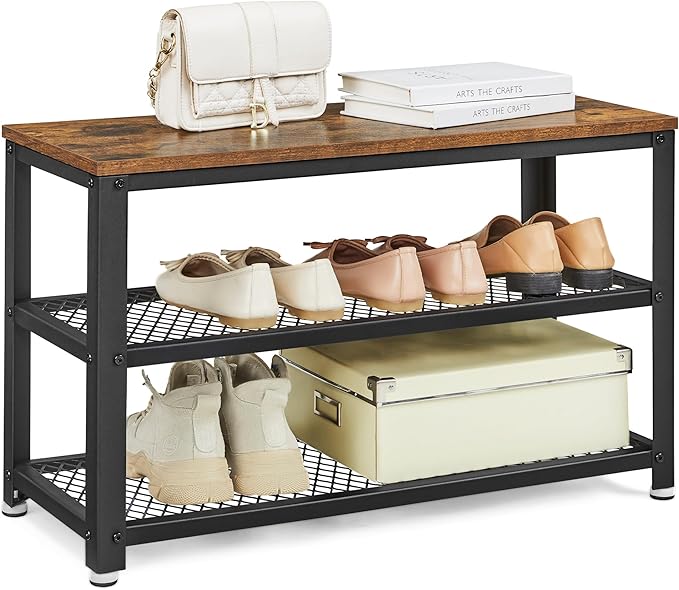 Zapatera Estilo Industrial 3 Niveles – Malla Metálica y Madera Café Rústico