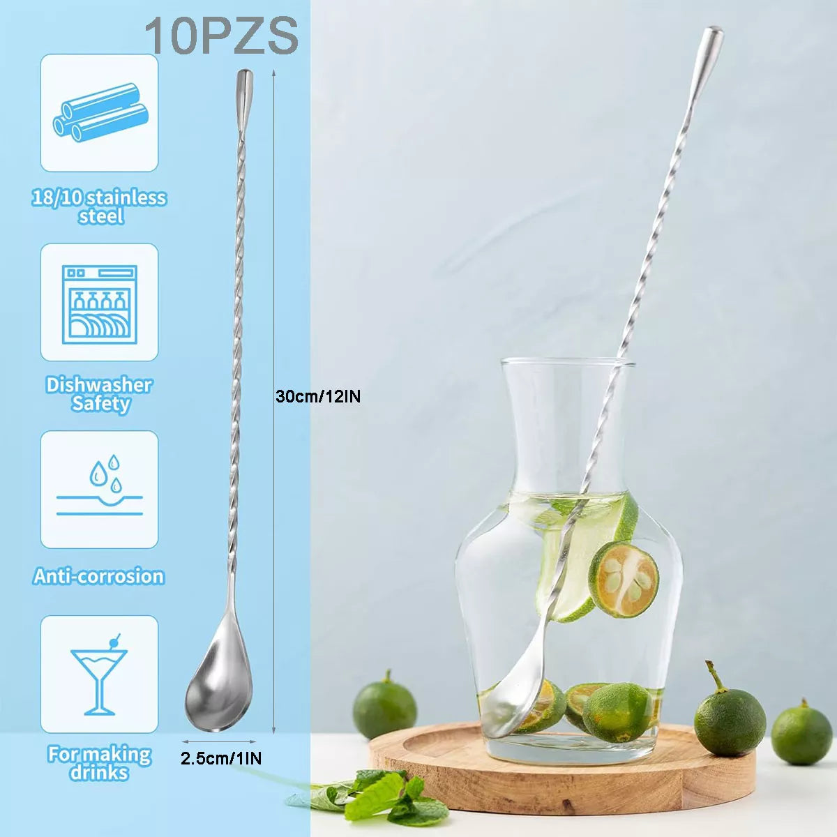 10 Piezas Agitadores Bebidas Cuchara De Acero Inoxidable 30cm Color Plateado Modelo F1