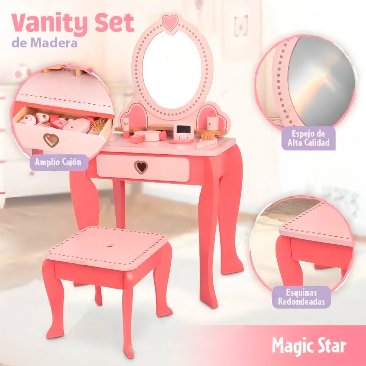 Tocador de Madera con Juego de Maquillaje Infantil
