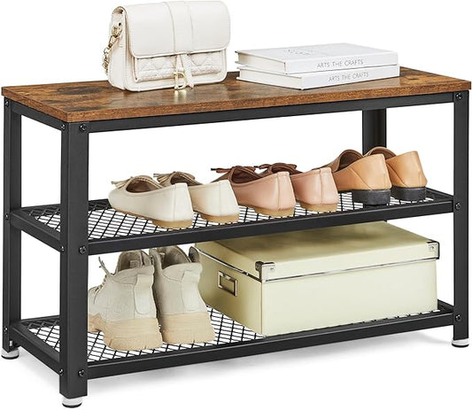 Zapatera Estilo Industrial 3 Niveles – Malla Metálica y Madera Café Rústico